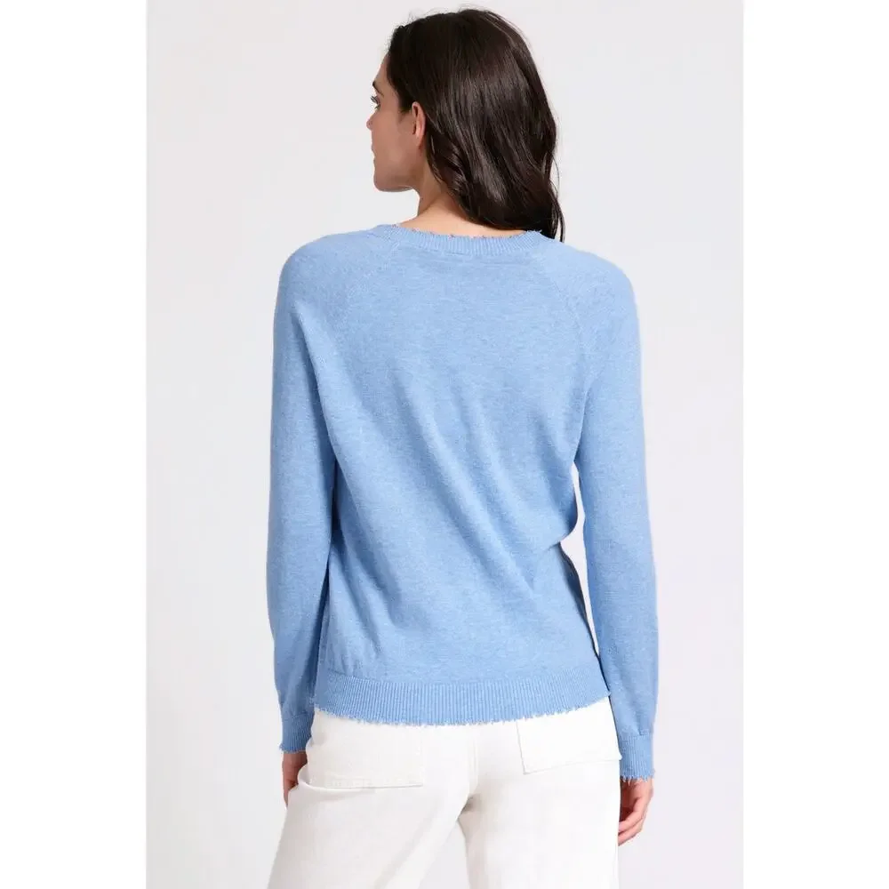 Minnie Rose Coastal Cashmere V-Neck Sweater Small Blue Preppy Quiet Luxury Soft